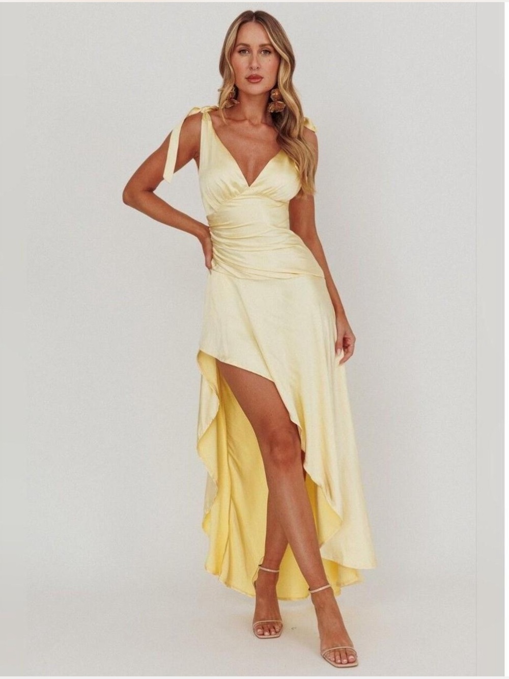 NWOT Selfie Leslie Aguila Tie-Shoulder Yellow Asymmetric Satin Dress